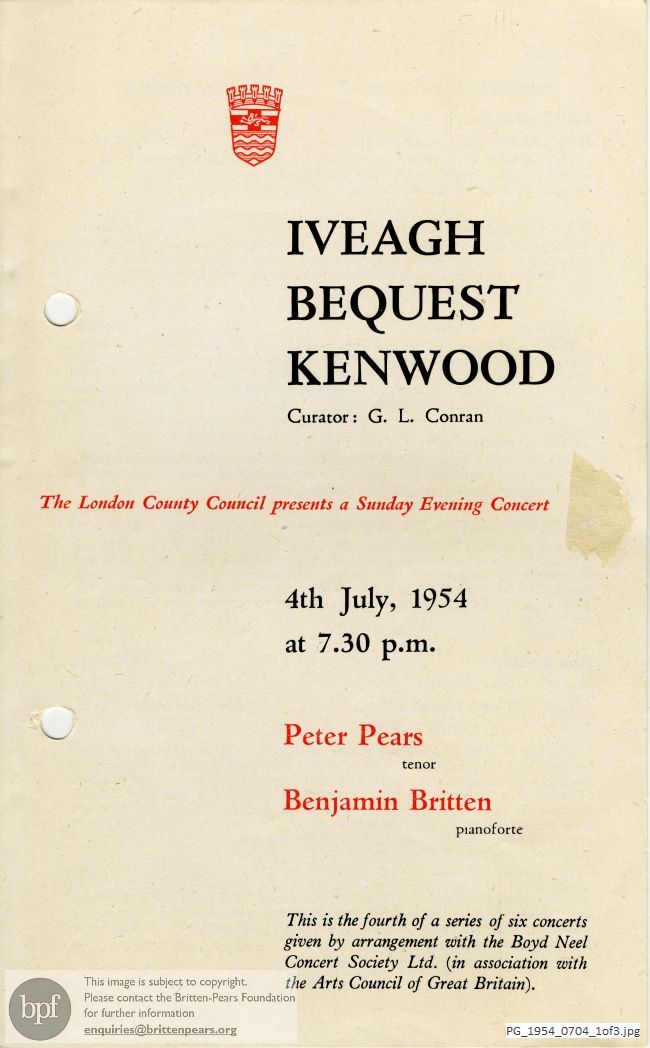 Concert programme:  Britten Winter Words, Iveagh Bequest Kenwood