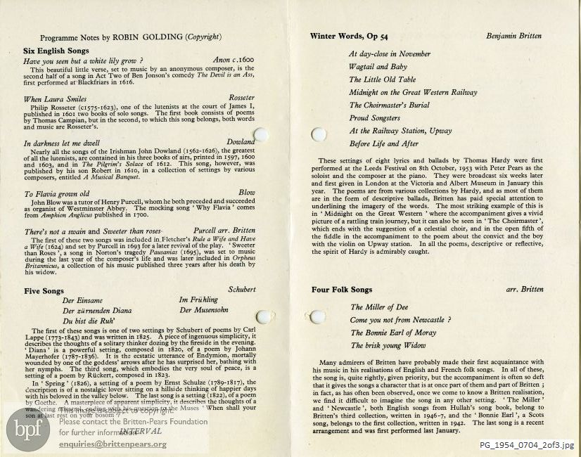 Concert programme:  Britten Winter Words, Iveagh Bequest Kenwood