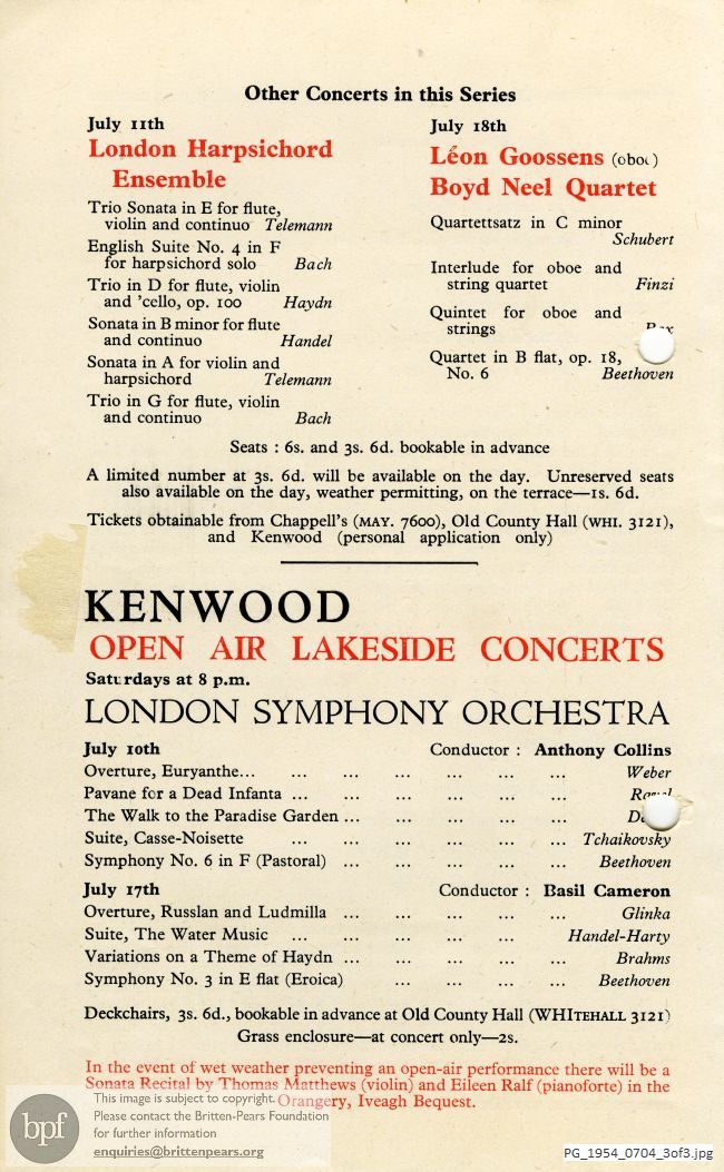 Concert programme:  Britten Winter Words, Iveagh Bequest Kenwood