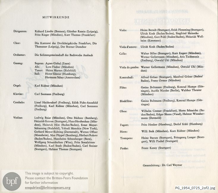 Concert programme:  Bachwoche Ansbach 1954