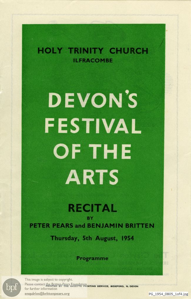 Concert programme:  Britten - Pears recital, Ilfracombe
