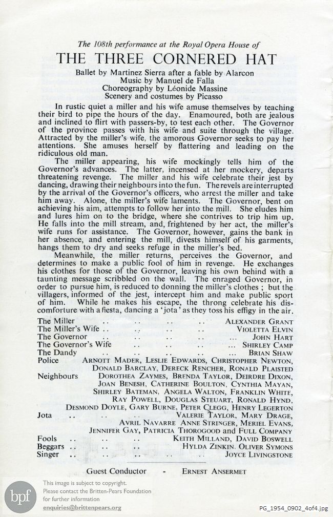 Concert programme:  Mam'zelle Angot, The Firebird, The three-cornered hat at Royal Opera House