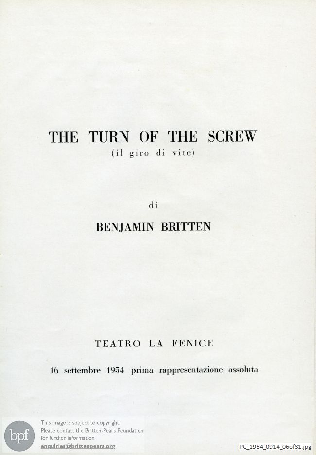 Programme for the seventeenth International Festival of Contemporary Music, The Turn of the Screw, Venice, 1954