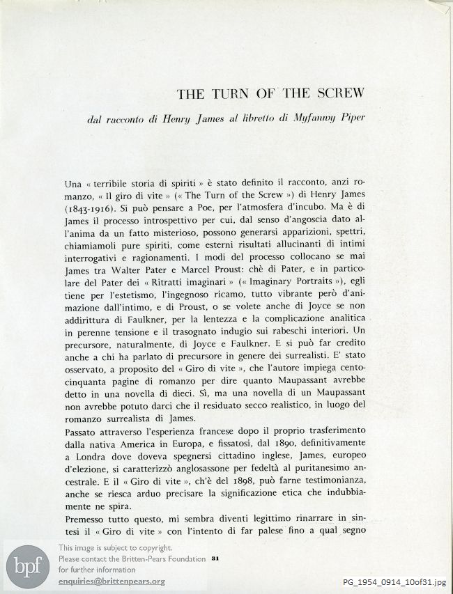 Programme for the seventeenth International Festival of Contemporary Music, The Turn of the Screw, Venice, 1954