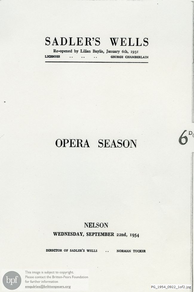 Concert programme:  Berkeley Nelson, Sadlers Wells