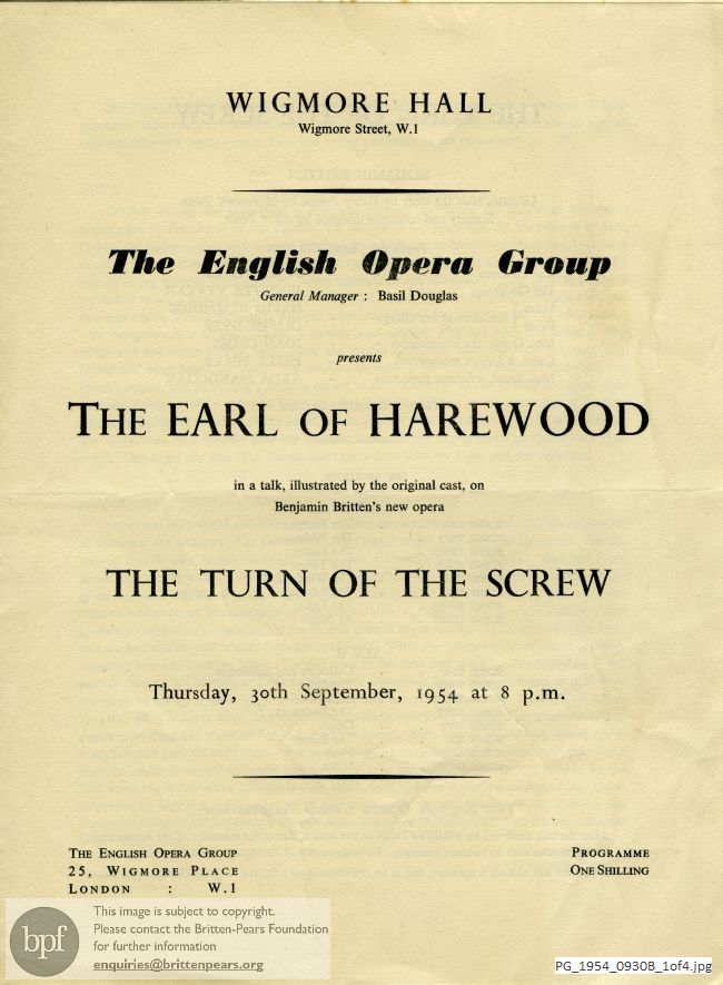 Concert programme:  Turn of the screw introduction by Lord Harewood