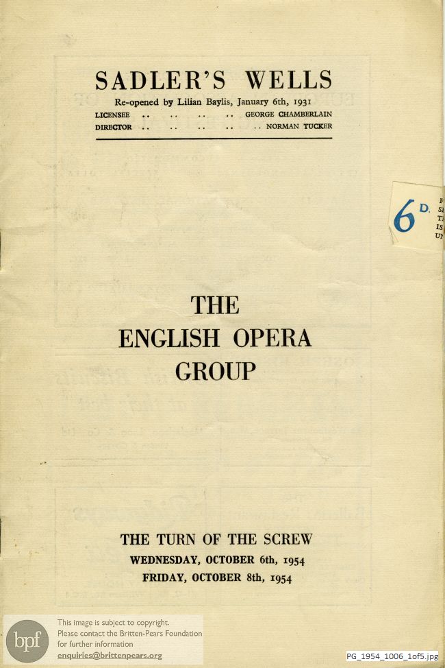 Concert programme:  Britten Turn of the screw, Sadler's Wells