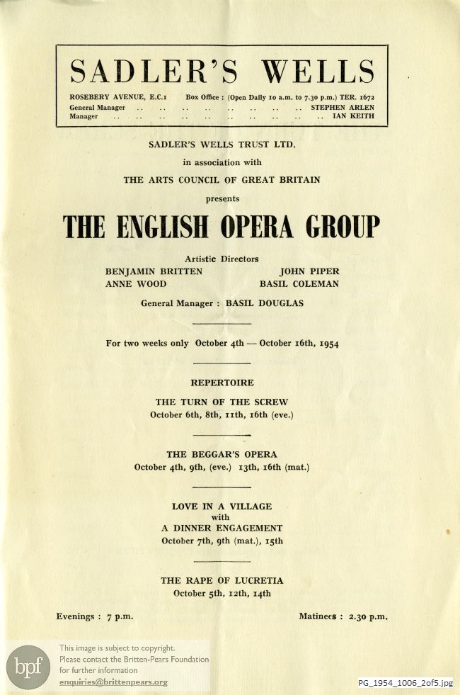 Concert programme:  Britten Turn of the Screw, Sadler's Wells