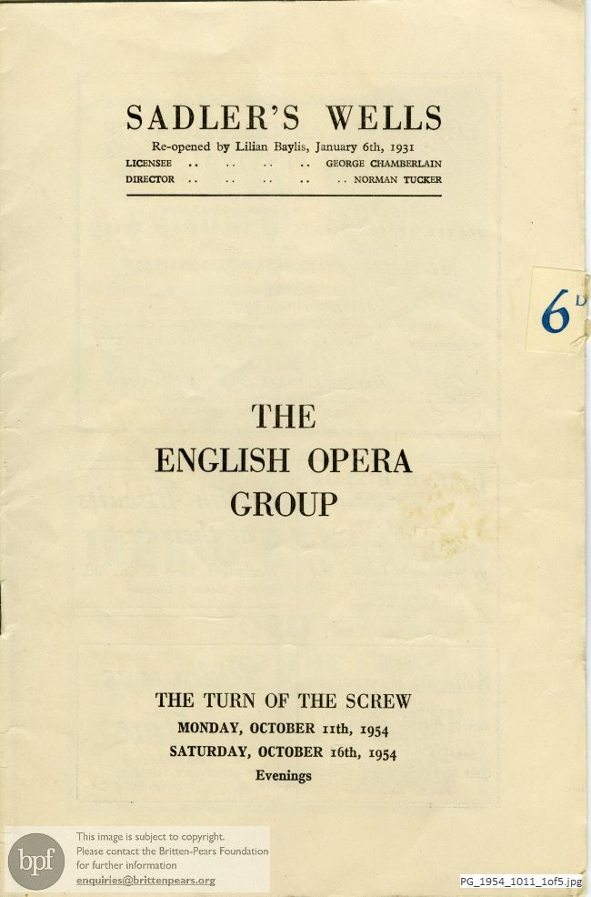 Concert programme:  Britten Turn of the screw, Sadler's Wells