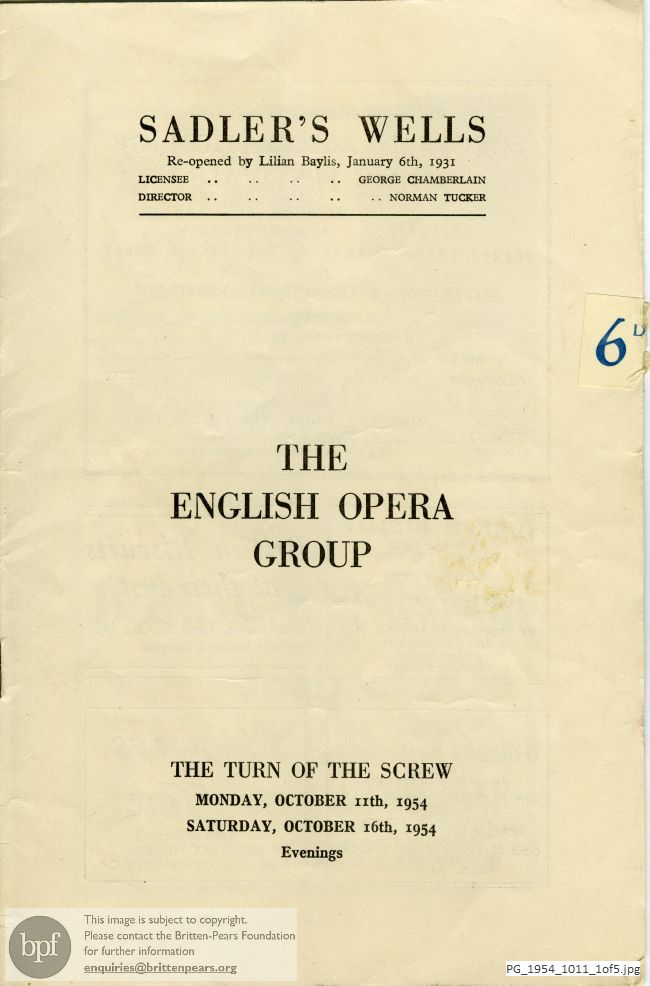 Concert programme:  Britten Turn of the Screw, Sadler's Wells