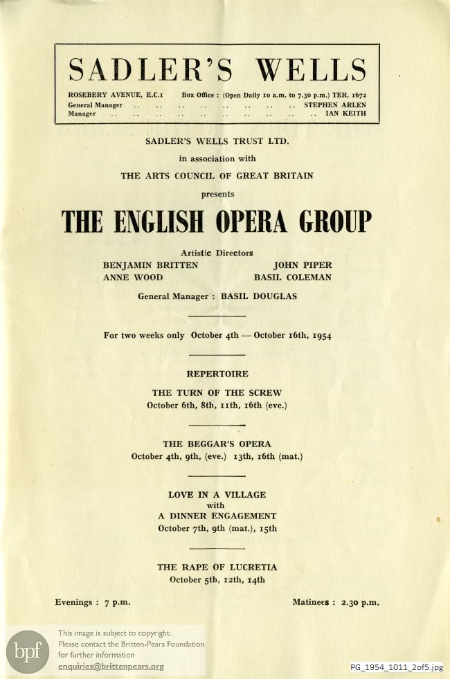 Concert programme:  Britten Turn of the screw, Sadler's Wells