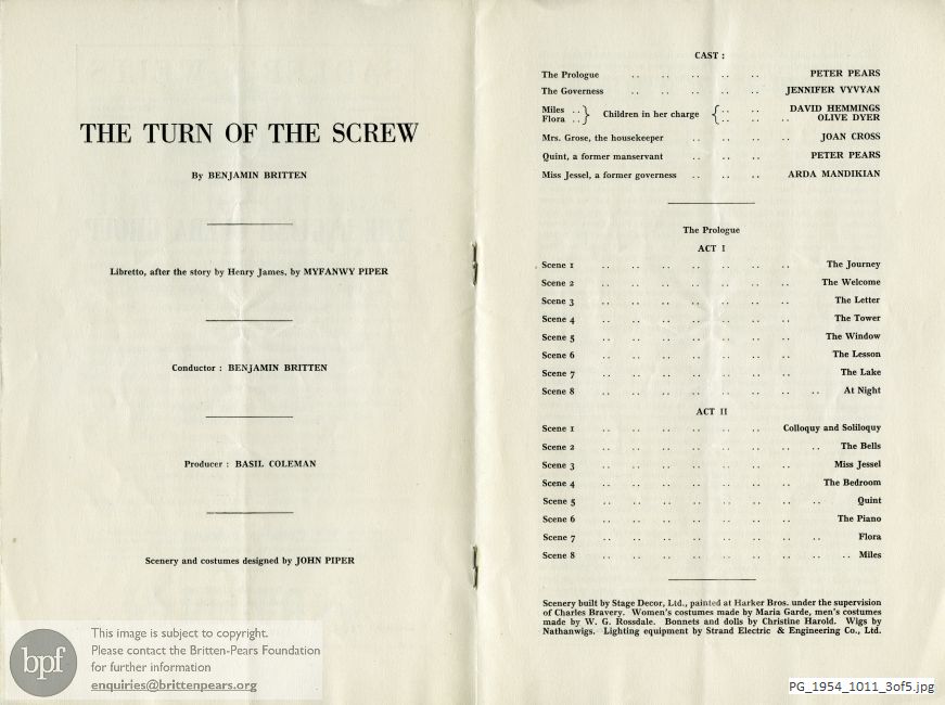 Concert programme:  Britten Turn of the screw, Sadler's Wells