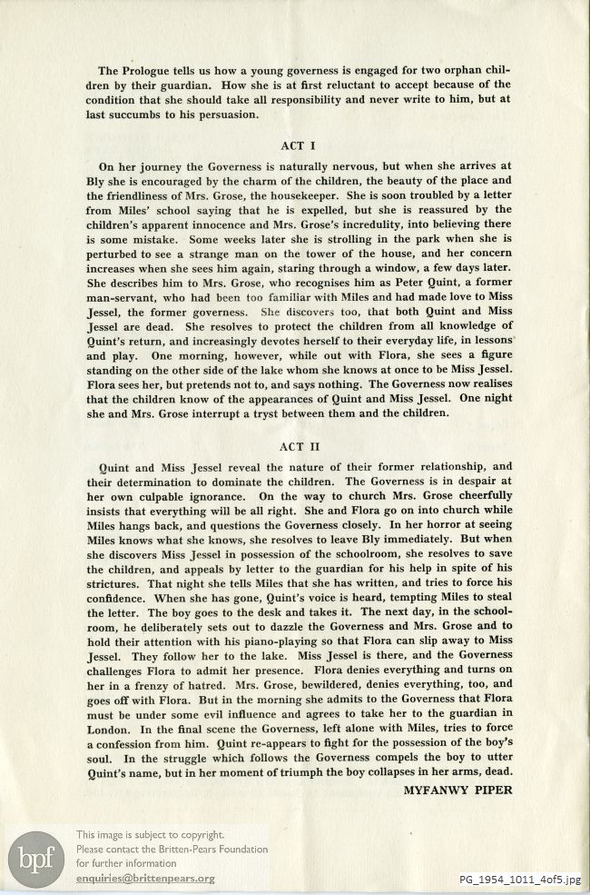 Concert programme:  Britten Turn of the Screw, Sadler's Wells