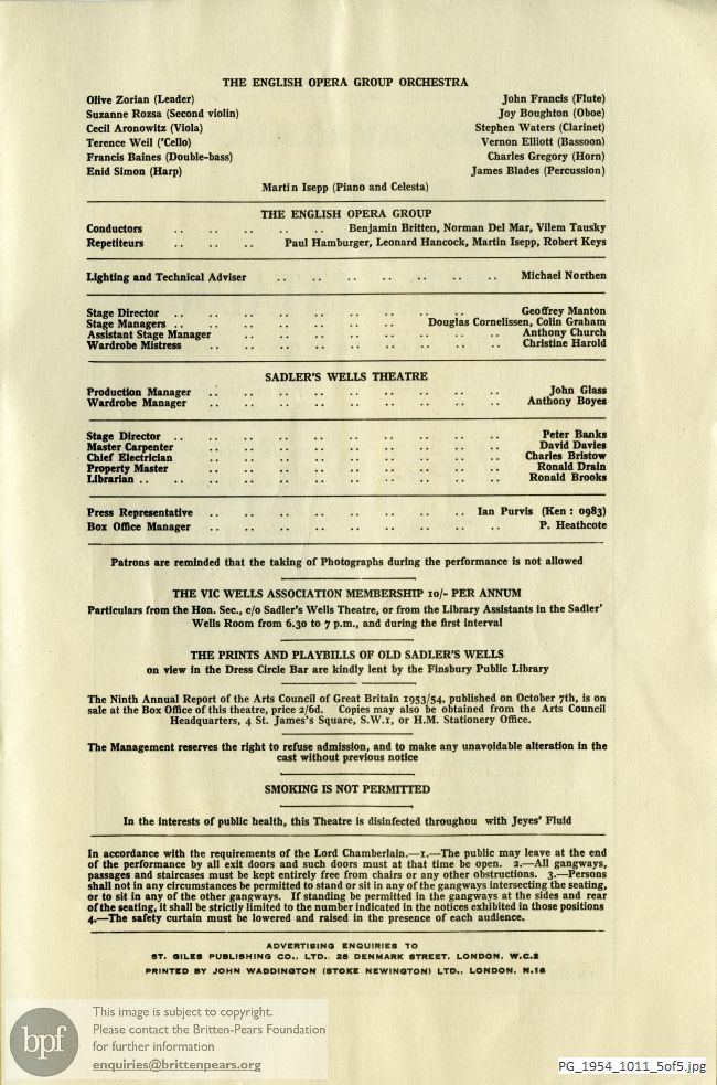 Concert programme:  Britten Turn of the Screw, Sadler's Wells