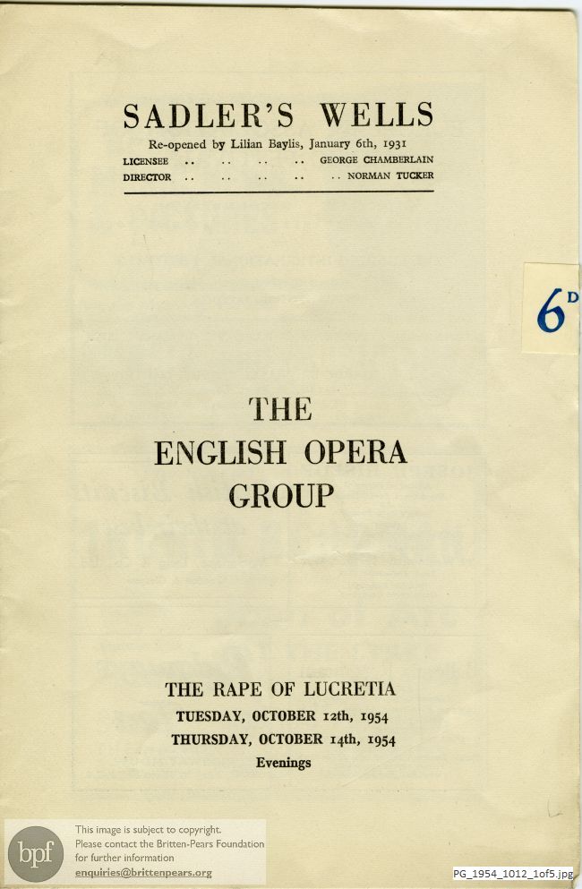 Concert programme:  Britten Rape of Lucretia, Sadler's Wells