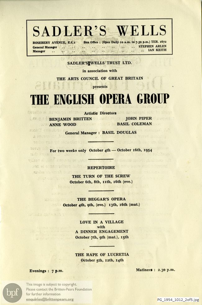 Concert programme:  Britten Rape of Lucretia, Sadler's Wells