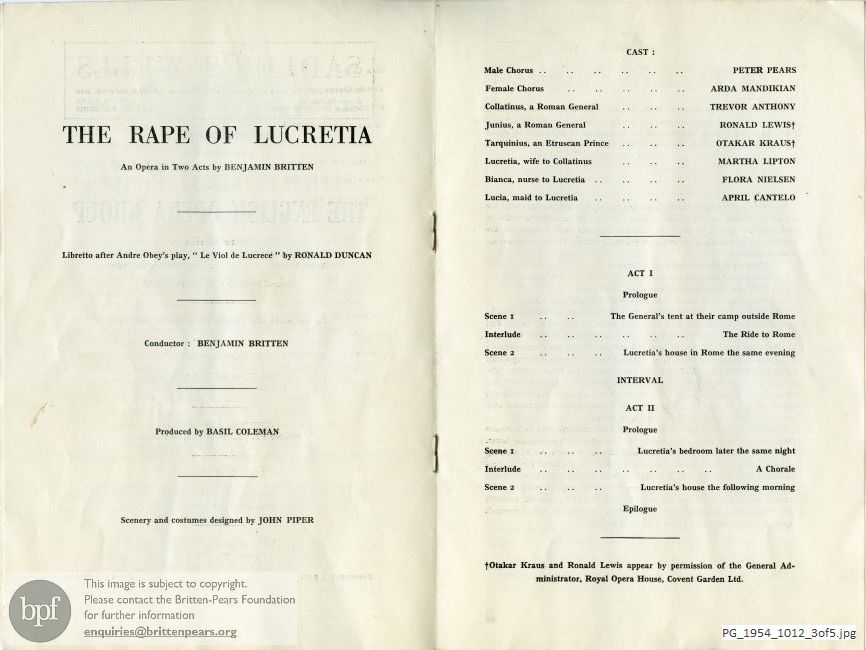 Concert programme:  Britten Rape of Lucretia, Sadler's Wells