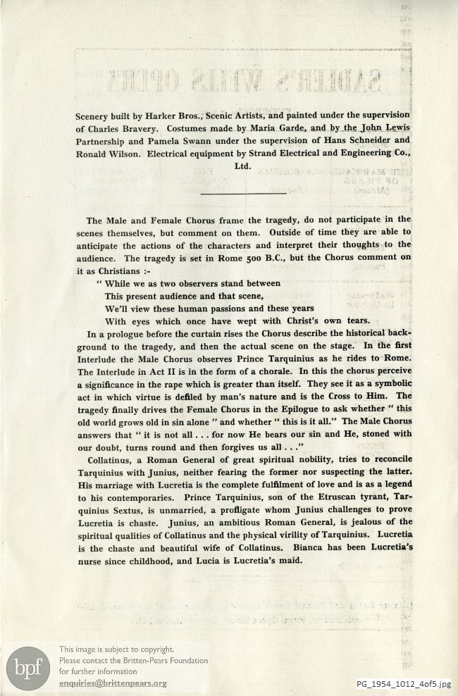 Concert programme:  Britten Rape of Lucretia, Sadler's Wells