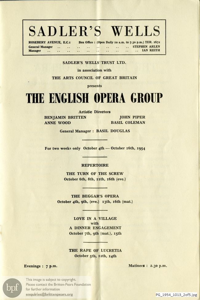 Concert programme:  Britten The beggar's opera, Sadler's Wells