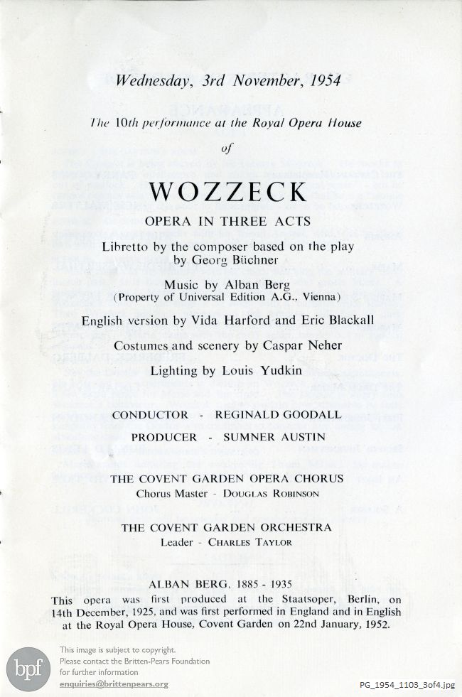 Concert programme: Berg Wozzeck, Royal Opera House