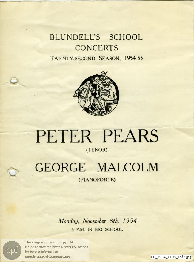 Concert programme:  Pears-Malcolm recital, Blundell's School