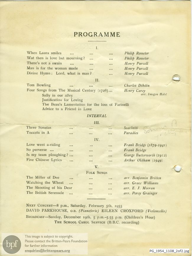 Concert programme:  Pears-Malcolm recital, Blundell's School