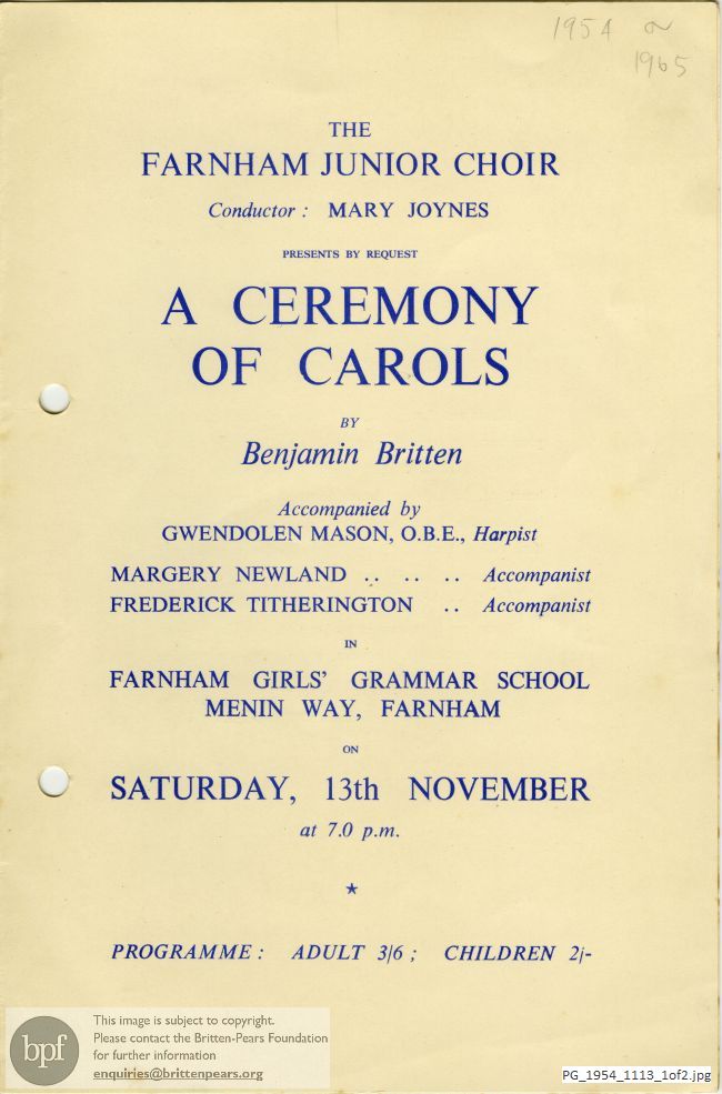 Concert programme:  Britten Ceremony of Carols, Farnham School
