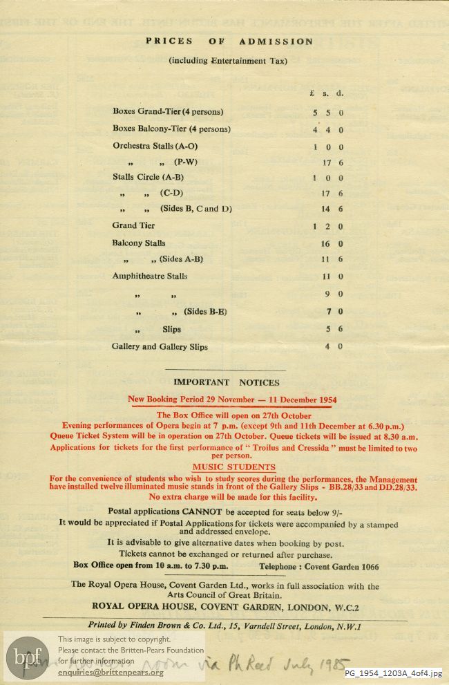 Concert programme:  Royal Opera House Covent Garden flyer