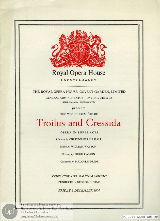 Concert programme:  Walton Troilus and Cressida premiere, Covent Garden