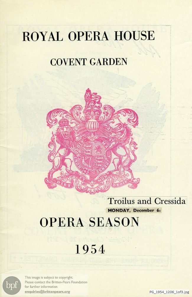Concert programme:  Walton Troilus and Cressida, Covent Garden