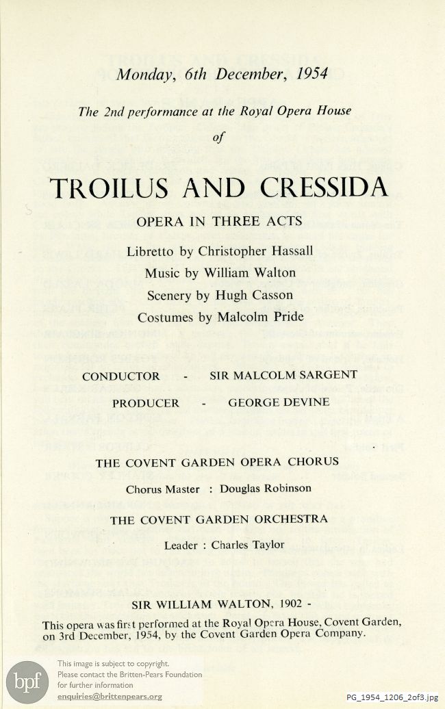 Concert programme:  Walton Troilus and Cressida, Covent Garden