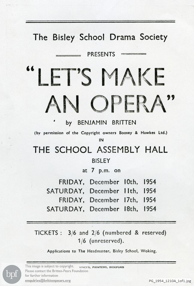 Concert programme:  Britten Let's make an opera [The little sweep], Bisley School flyer