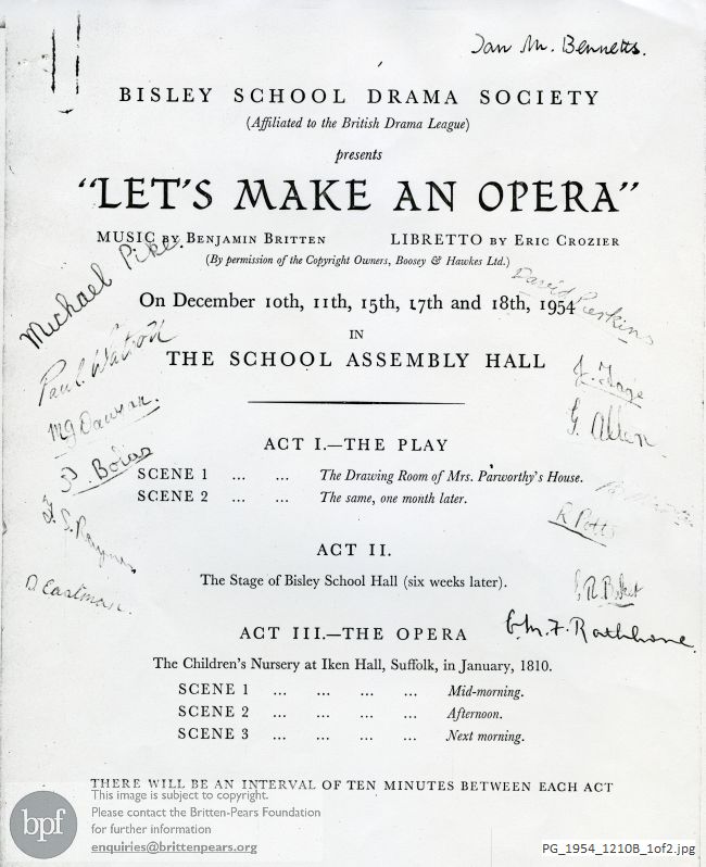 Concert programme:  Britten Let's make an opera [The little sweep], Bisley School