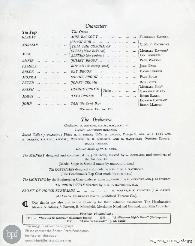 Concert programme:  Britten Let's make an opera [The little sweep], Bisley School