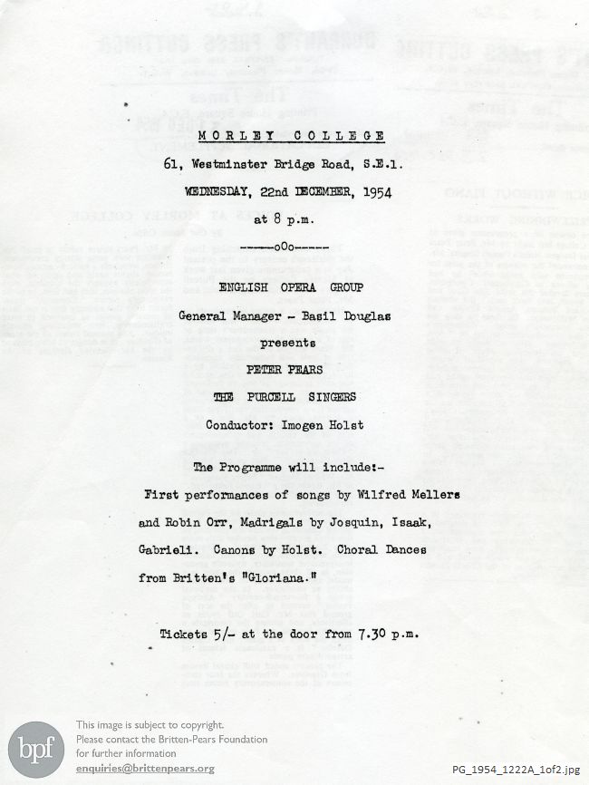 Concert programme:  Britten Choral dances, Purcell Singers with Pears, Morley College flyer
