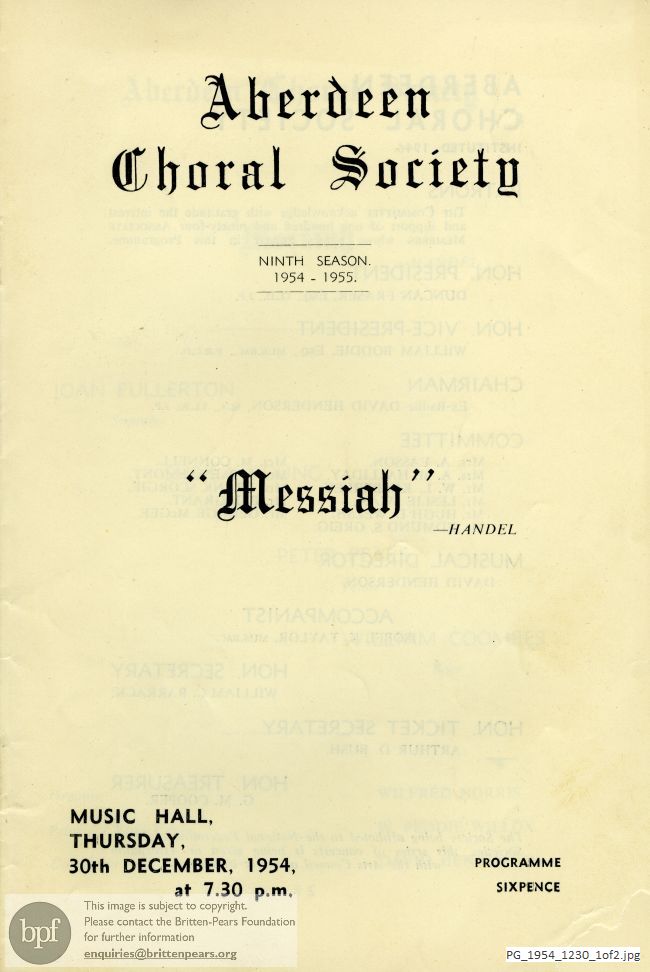 Concert programme:  Handel Messiah, Aberdeen Choral Society