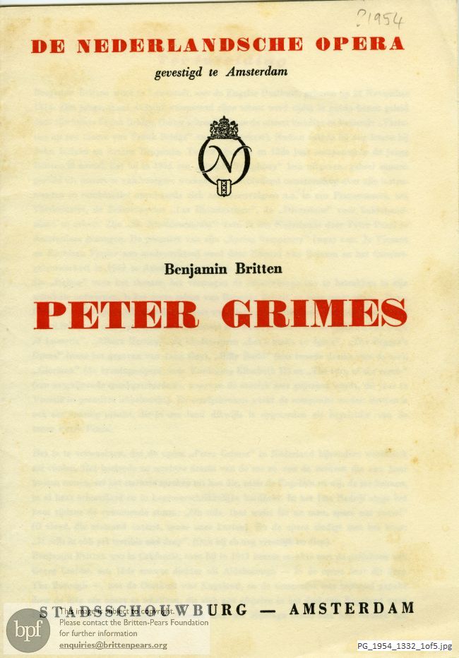 Concert programme:  Britten Peter Grimes, Nederlandsche Opera