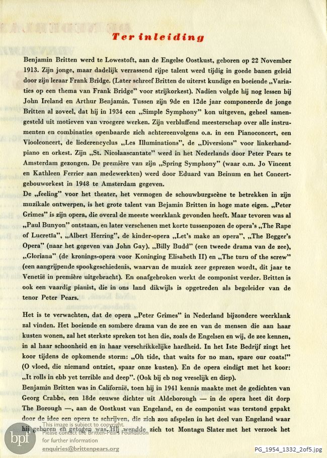 Concert programme:  Britten Peter Grimes, Nederlandsche Opera