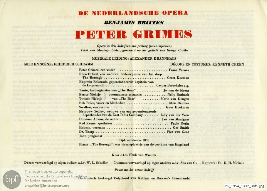 Concert programme:  Britten Peter Grimes, Nederlandsche Opera