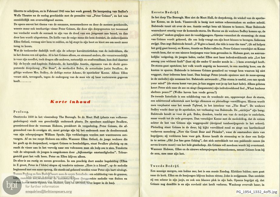 Concert programme:  Britten Peter Grimes, Nederlandsche Opera