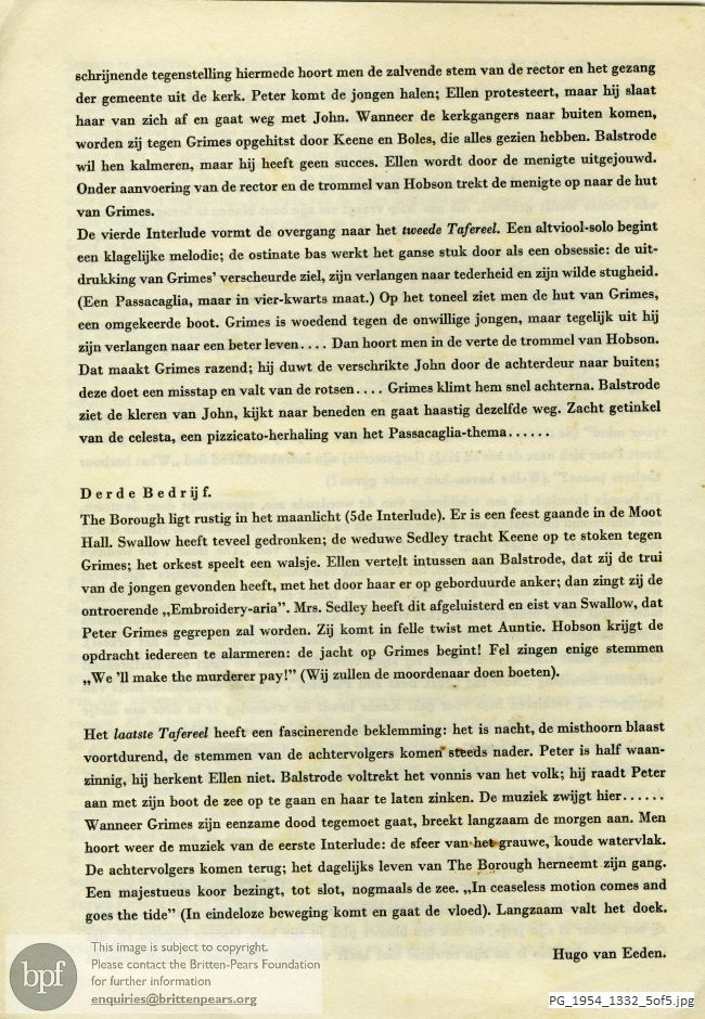 Concert programme:  Britten Peter Grimes, Nederlandsche Opera