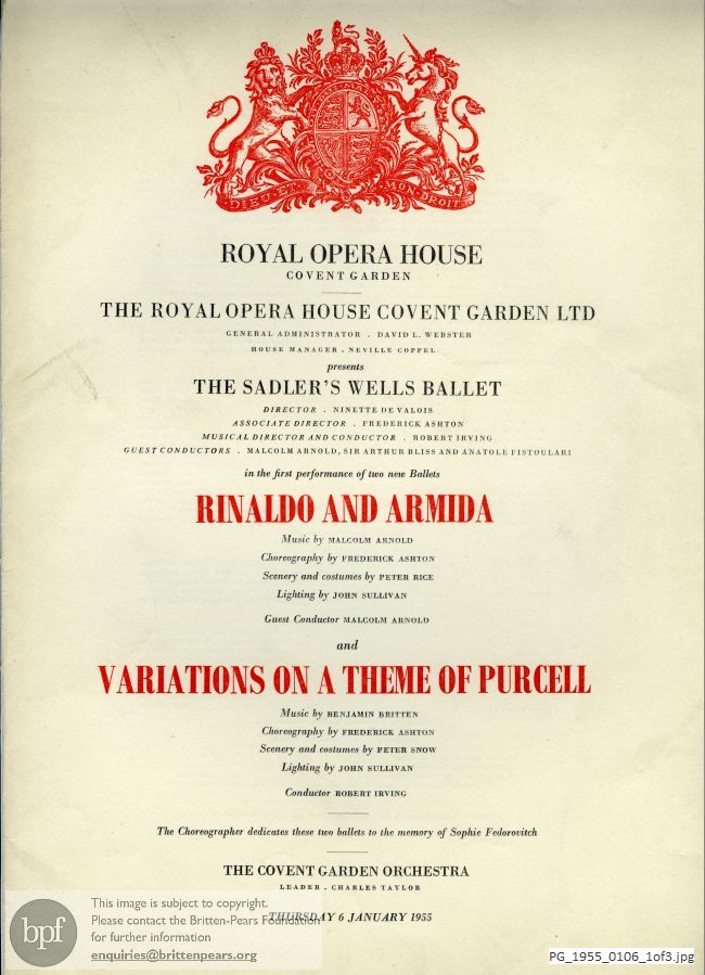 Concert programme: Britten Young person's guide (ballet performance), Royal Opera House, Covent Garden
