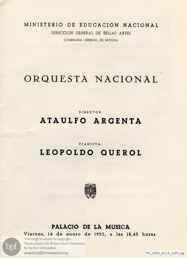 Concert programme: Britten piano concerto, Orquestra Nacional, Spain