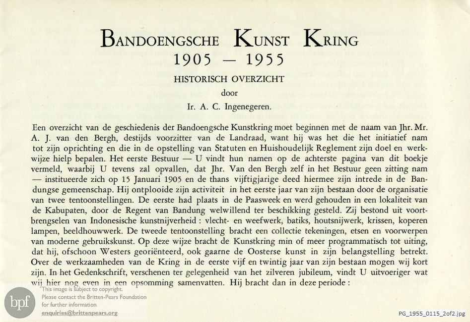 Concert programme:  Bandoengsche Kunst Kring 1905-1955, Indonesia