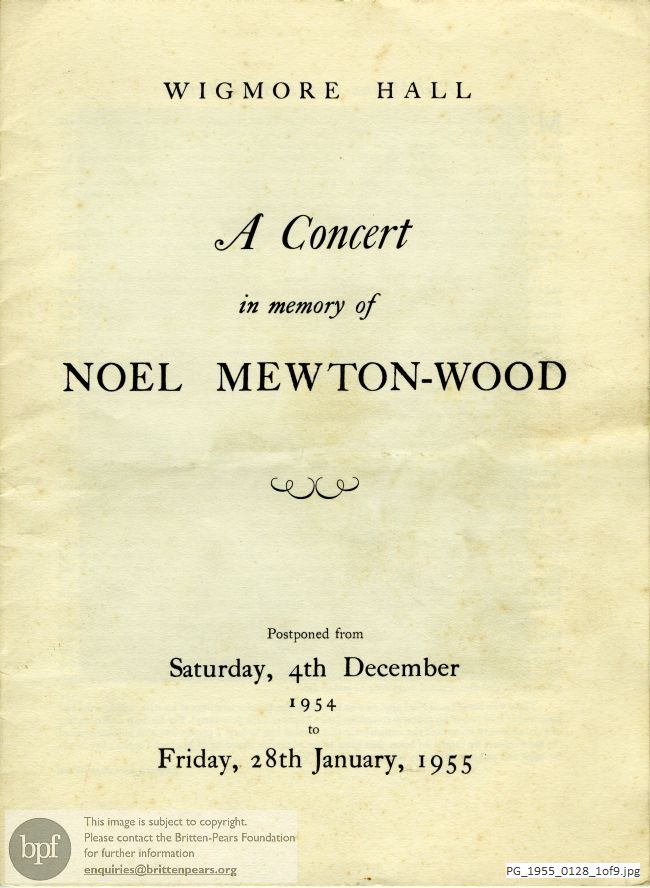 Concert programme: A concert in memory of Noel Mewton-Wood at Wigmore Hall