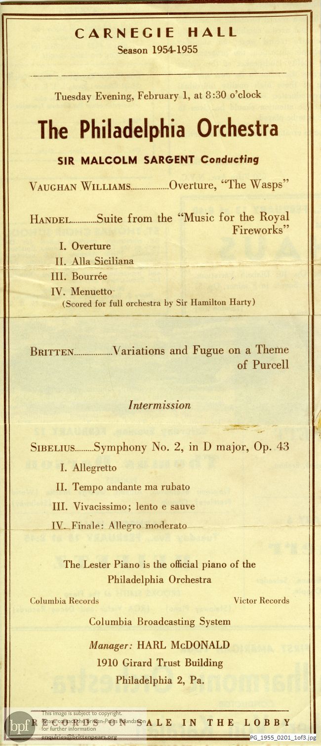 Concert programme: Britten Young person's guide to the orchestra, Philadelphia