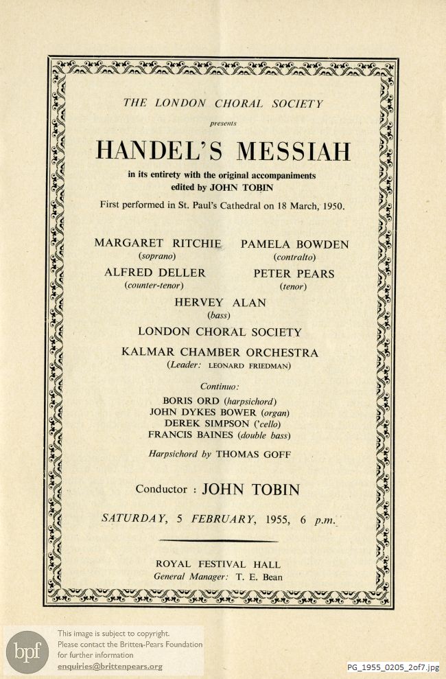 Concert programme:  Handel Messiah, Royal Festival Hall