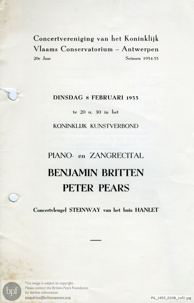 Concert programme:  Britten Winter words, Antwerp