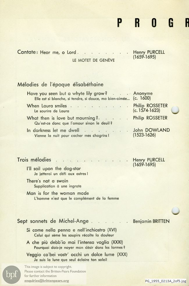 Concert programme:  Britten Seven sonnets of Michelangelo, Geneva