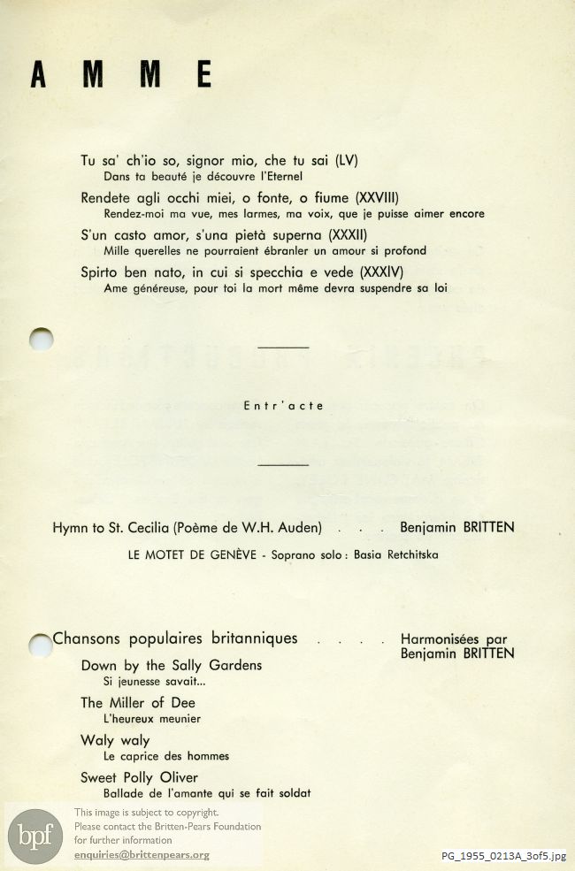 Concert programme:  Britten Seven sonnets of Michelangelo, Geneva